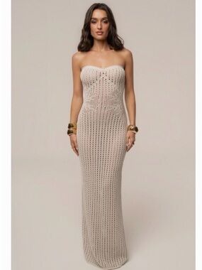 JLUXLABEL Strapless Crochet Maxi Dress in Beige